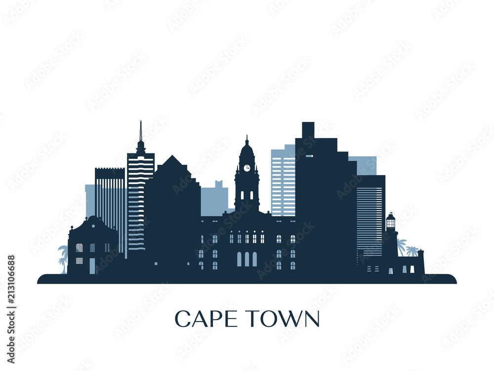 Cape Town skyline, monochrome silhouette. Vector illustration.