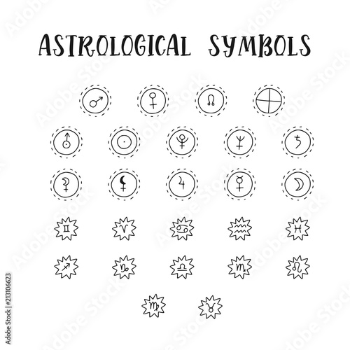 Astrology doodle symbols. Set of astrological graphic design elements. Vector icons collection.