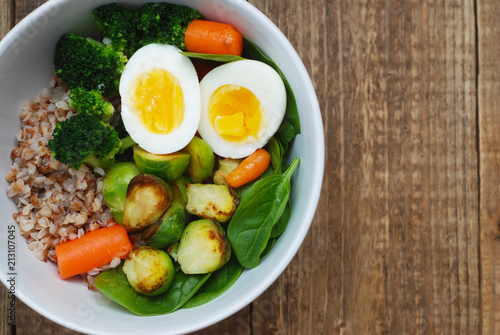 Healthy Diet Fitness Healthy Diet Buckwheat Egg Boiled Half Salad Brussele Cabbage Carrots Copy Space