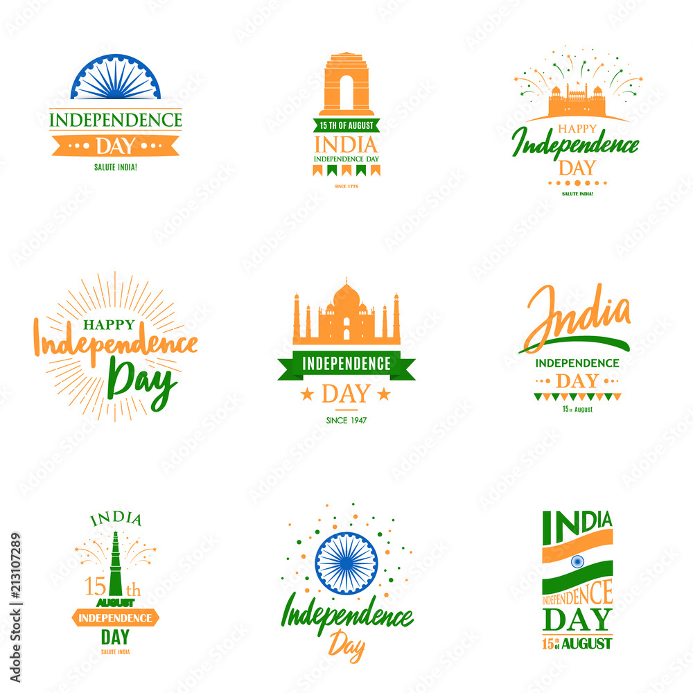 Design templates set for Independence Day of India,15th August. Greeting cards collection. Vector clipart.