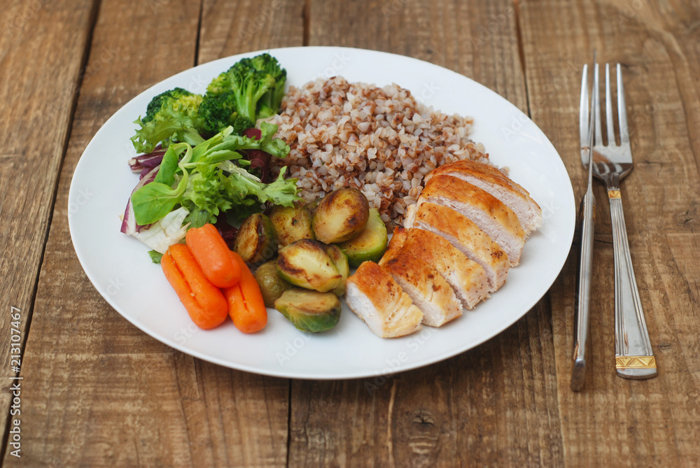Dietetics Healthy Buckwheat Beef Meat Breast Chicken Chicken Salad Cabbage Brussels Carrots Rustic Wood Background Dietetics Healthy Buckwheat Beef Meat Breast Chicken Chicken Salad Cabbage Brussels Carrots Rustic Wood Background