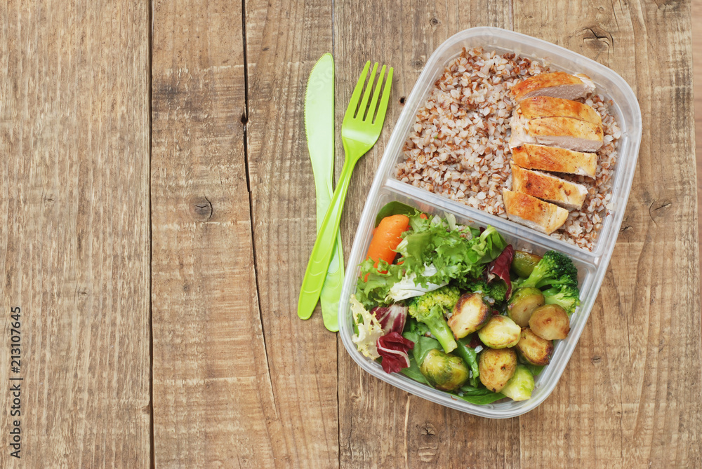 Lunch Box Healthy Food Take Away Plastic Container Buckwheat Salad Chicken Meat Brest Rustic Wooden Board Lunch Box Healthy Food Take Away Plastic Container Buckwheat Salad Chicken Meat Brest Rustic Wooden Board