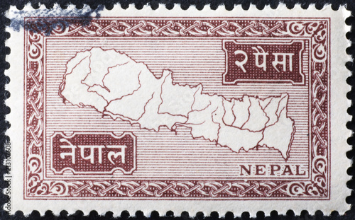 Rough map of Nepal on postage stamp photo