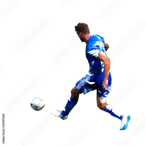 Football player in blue jersey pasing ball, abstract low poly vector drawing. Soccer player kicking ball. Isolated geometric colorful illustration, rear view