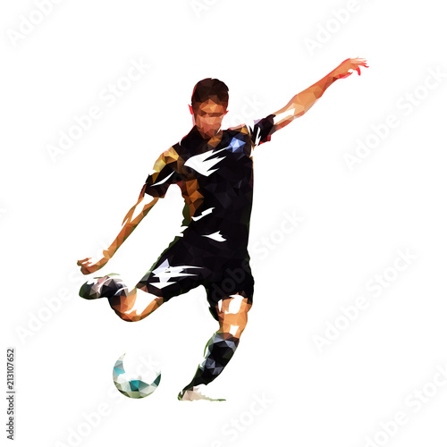 Football player kicking ball, abstract polygonal vector drawing. Soccer athlete. Isolated silhouette, side view