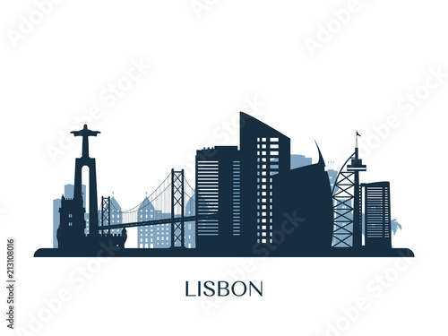 Lisbon skyline, monochrome silhouette. Vector illustration.