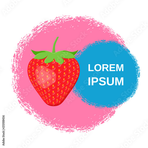 Strawberry flat icon with place for text. Vector illustration. Sweet ret berry on spot with paint with space for typography. Poster template for your design.