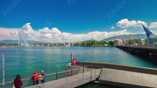 sunny day geneva city lakeside bay famous fountain panorama 4k timelapse switzerland

