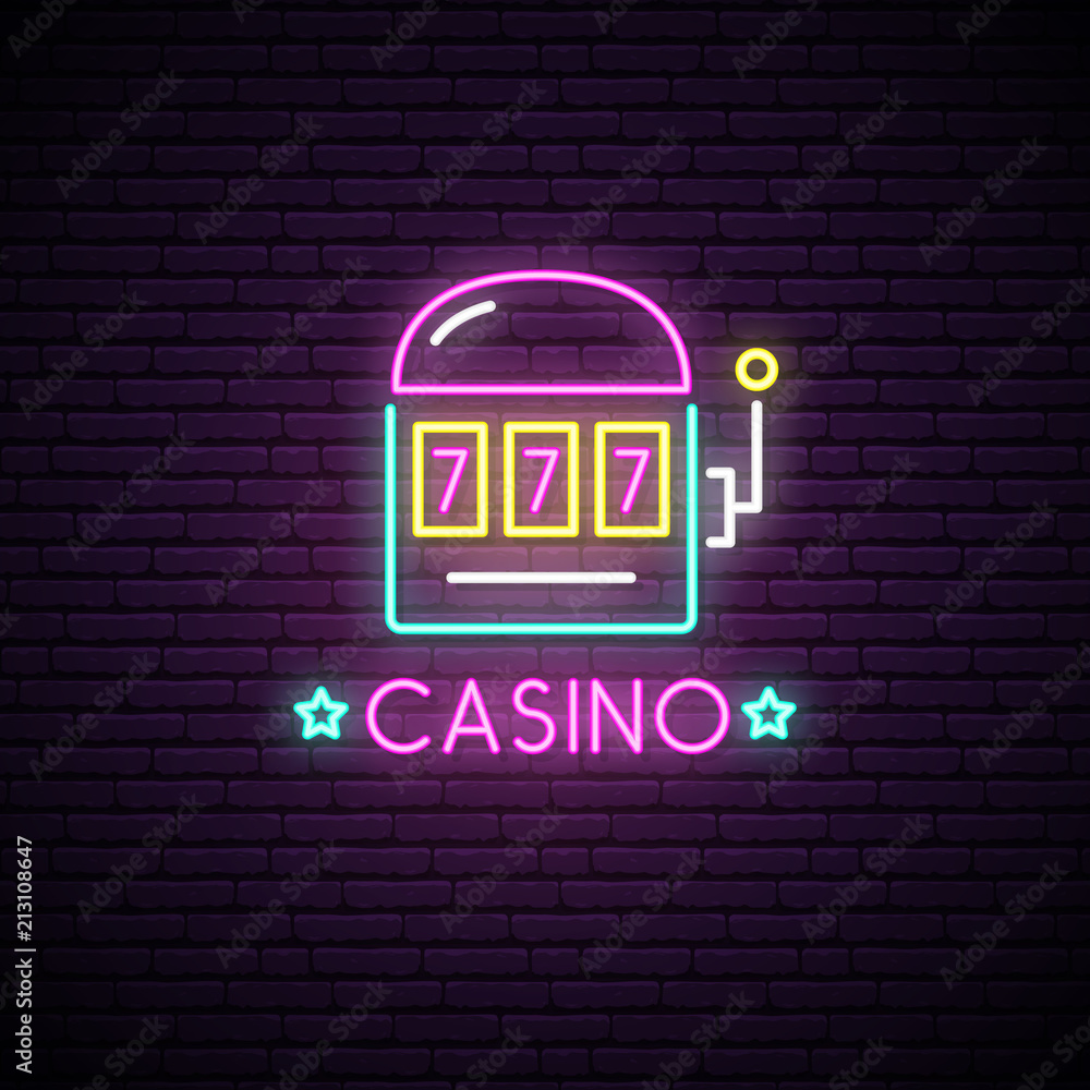Neon sign of Casino. Neon emblem gambling, bright banner. Advertising design. Night light signboard. Vector illustration. Neon sign of Casino. Neon emblem gambling, bright banner. Advertising design. Night light signboard. Vector illustration.