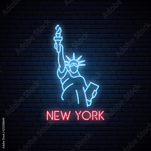 Statue of liberty neon icon. Neon emblem of New York, bright banner. US Landmark. Night light signboard. Vector illustration.