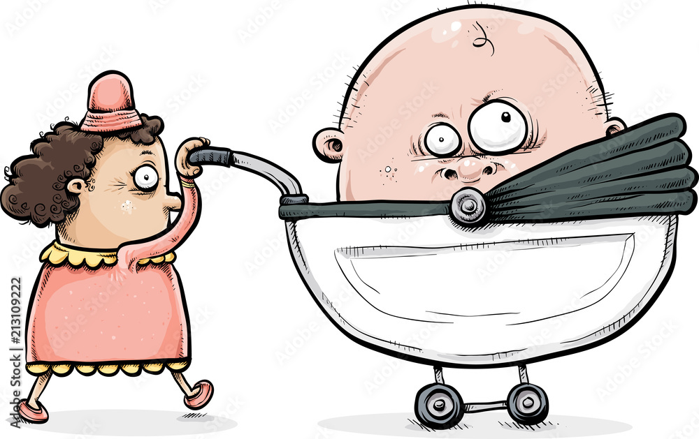 Cartoon of a small woman pushing a giant baby in a stroller. Stock Vector |  Adobe Stock
