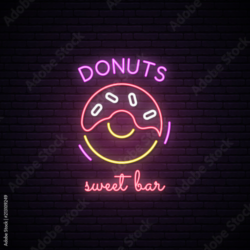 Neon sign of Sweet Donuts. Neon cafe emblem, bright banner. Advertising design. Night light signboard. Vector illustration.