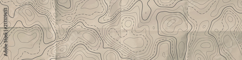 Topographic line map. Abstract topographic map horizontal banner. Aged paper effect. Vector background.