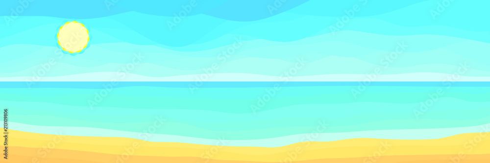 Summer Panoramic Sea Background. Sandy Beach with Blue Ocean and Sun. Poster for Print in a Flat Style. 
