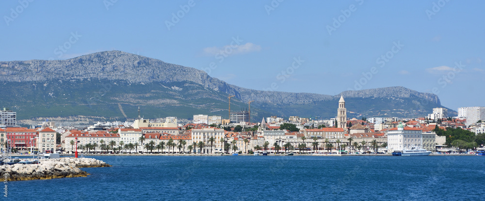 View of Split Seafront  with mountains in background.