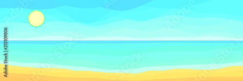Fototapeta Naklejka Na Ścianę i Meble -  Summer Panoramic Sea Background. Sandy Beach with Blue Ocean and Sun. Poster for Print in a Flat Style. 