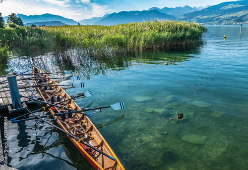 Rowing (crew) on the shores of the Upper Zurich Lake, Rapperswil-Jona, Sankt Gallen, Switzerland photo