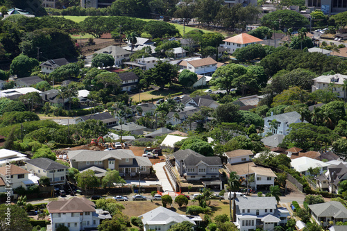 Aerial of Manoa town with House under construction