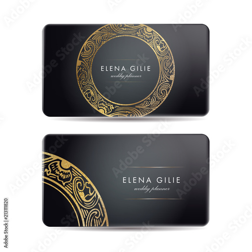 Elegant Template Luxury Business Card with Gold Dust & Place for Text. Particles Background. Vector illustration 