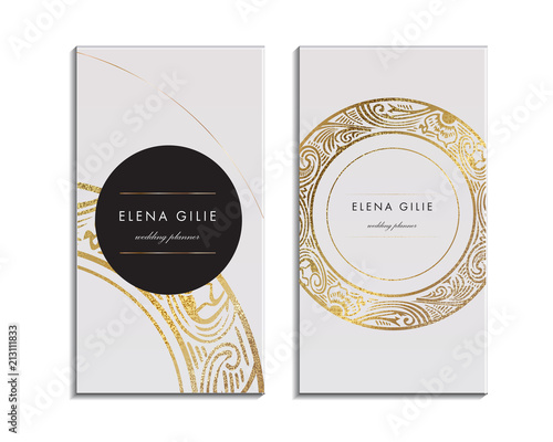 Elegant Template Luxury Business Card with Gold Dust & Place for Text. Particles Background. Vector illustration 