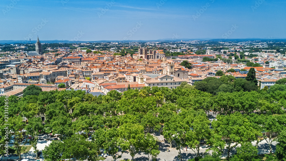 Aerial top view of Montpellier city skyline from above, Southern France
