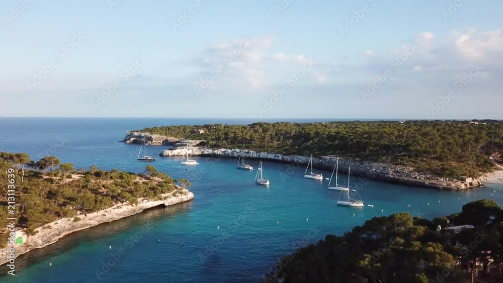 Aerial: The beach of Cala Mondrago in Mallorca, Spain Aerial: The beach of Cala Mondrago in Mallorca, Spain