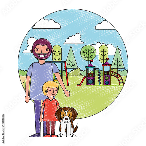 dad with her son and dog in the park playground