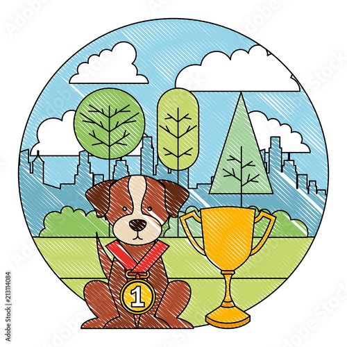 little dog with medal and trophy in the park city