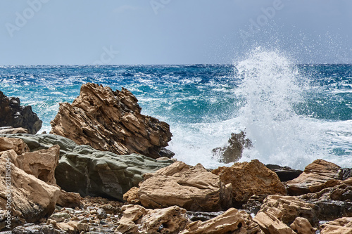 Cyprus. Kissonerga. Waves near the stony coast