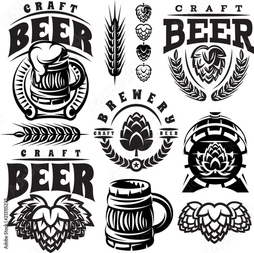 vector monochrome set of illustrations, signs, design elements for design of beer theme