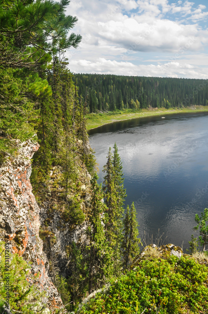 Fototapeta premium Virgin Komi forests, rocks on the river Shchugor.