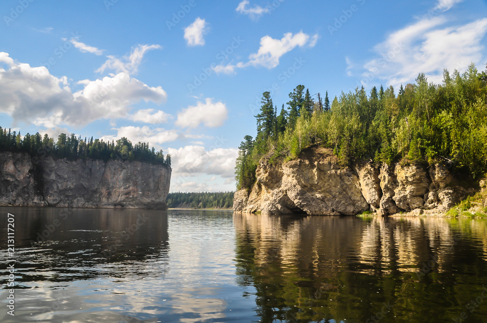 Naklejka premium Virgin Komi forests, scenic cliffs on the taiga river Shchugor.