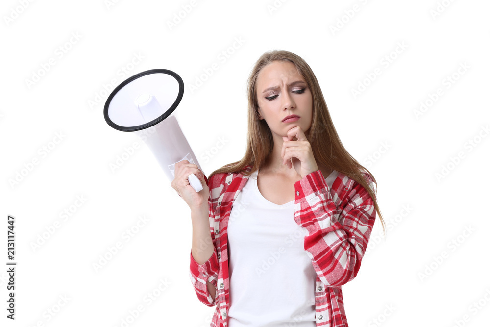 Young woman with megaphone on white background Young woman with megaphone on white background