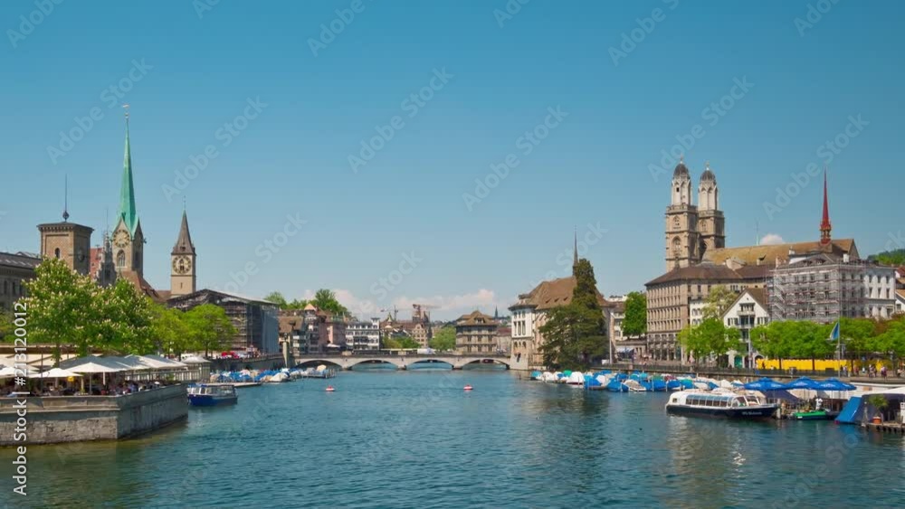 zurich city sunny day river yacht dock panorama 4k timelapse switzerland
