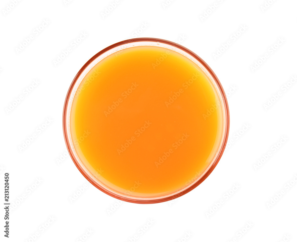 Glass with fresh carrot juice on white background