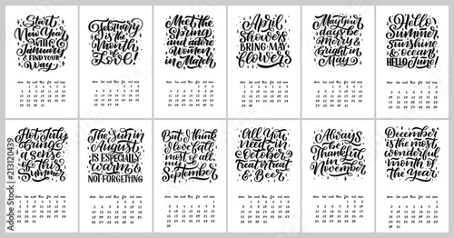 Vector calendar for months 2 0 1 9. Hand drawn lettering quotes for calendar design. Hand drawn style