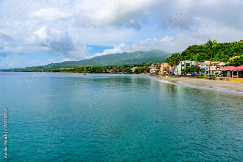 Paradise coast at Saint Pierre with Mt. Pelee, active volcanic mountain in Martinique, Caribbean Sea