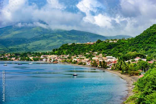 Paradise coast at Saint Pierre with Mt. Pelee, active volcanic mountain in Martinique, Caribbean Sea photo