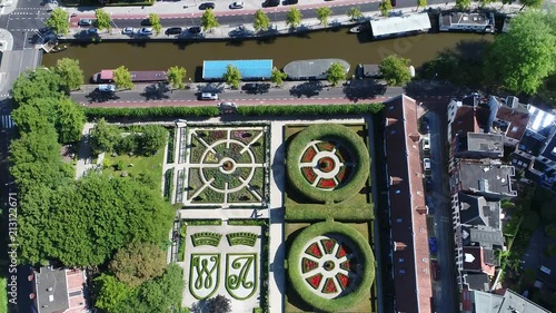 Aerial static footage of the Prinsentuin in English Prince's garden or Prinsenhoftuin is garden built in renaissance style that is located in Groningen behind Prinsenhof in northern part of Holland 4k photo