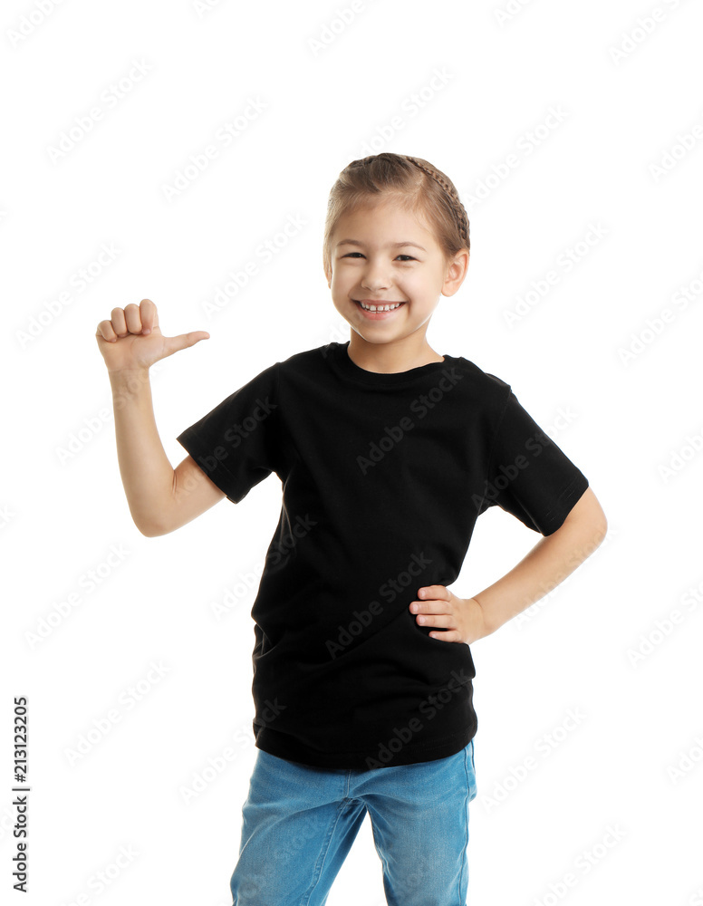 Little girl in t-shirt on white background. Mockup for design Little girl in t-shirt on white background. Mockup for design