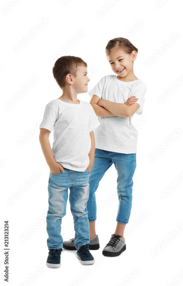 Little kids in t-shirts on white background. Mockup for design Little kids in t-shirts on white background. Mockup for design