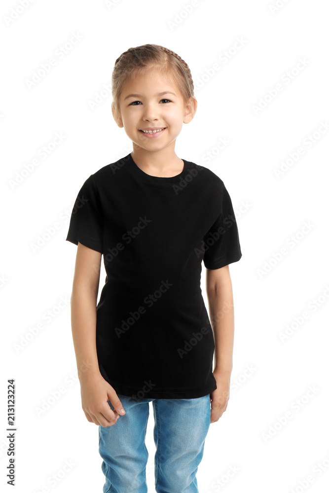 Little girl in t-shirt on white background. Mockup for design Little girl in t-shirt on white background. Mockup for design
