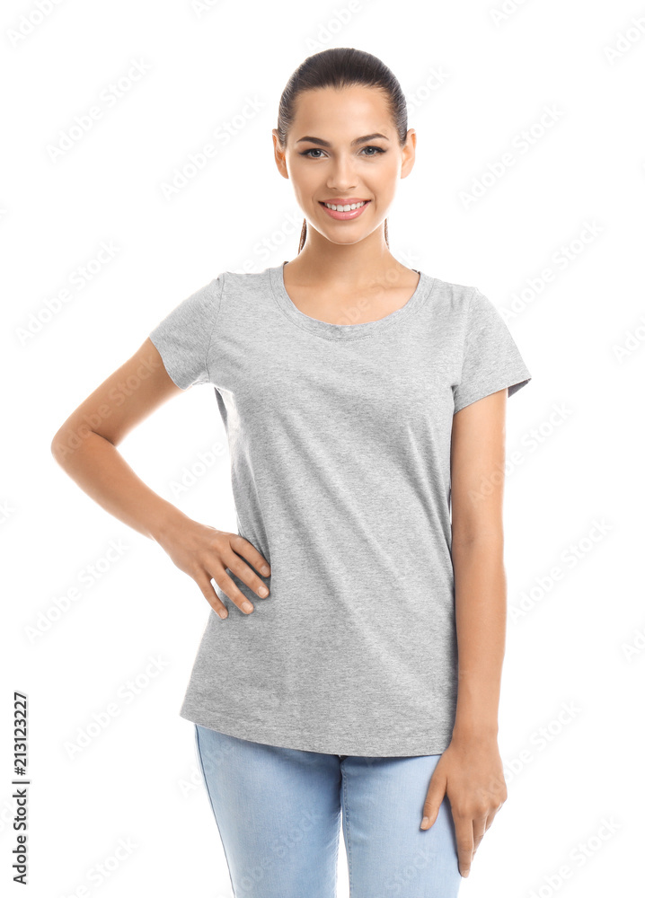 Obraz premium Young woman in t-shirt on white background. Mockup for design