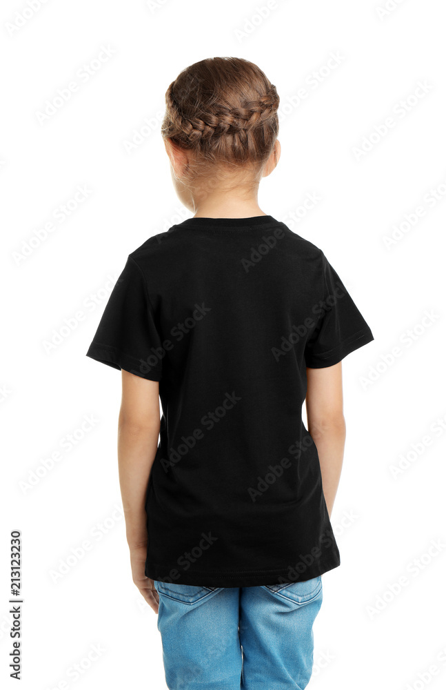 Fototapeta premium Little girl in t-shirt on white background. Mockup for design