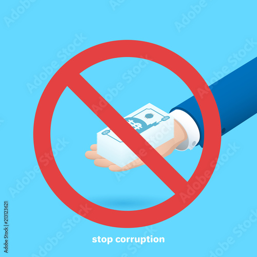 a man in a business suit holding a bundle of notes on his palm, offering a bribe, stopping corruption, an isometric image