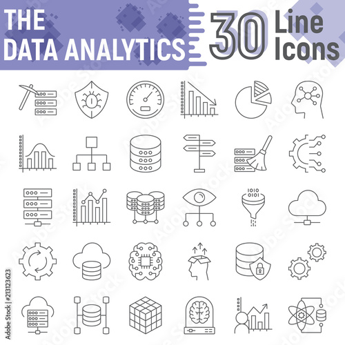 Data analytics thin line icon set, database symbols collection, vector sketches, logo illustrations, web hosting signs linear pictograms package isolated on white background, eps 10.