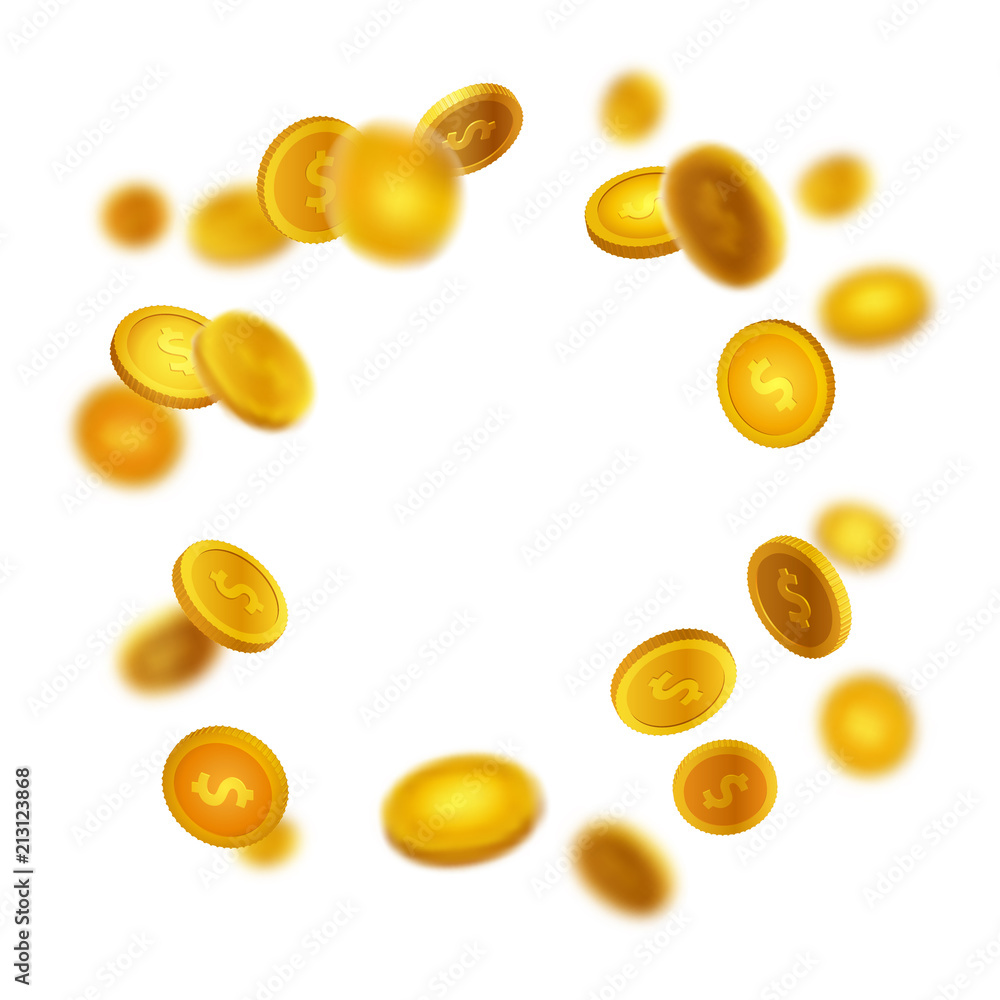Stock vector illustration realistic falling gold coins. Rain from money. Isolated on transparent checkered background EPS10 Stock vector illustration realistic falling gold coins. Rain from money. Isolated on transparent checkered background EPS10