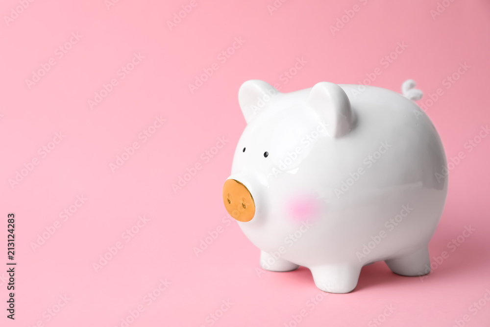 White piggy bank on color background. Money saving White piggy bank on color background. Money saving