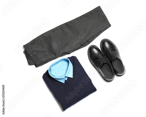 School uniform for boy on white background, top view