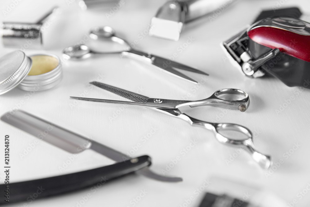 Men's Grooming Tools. Barber Equipment And Supplies On White Men's Grooming Tools. Barber Equipment And Supplies On White